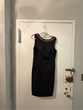 Cachet Black Midi Sheath Dress with Beaded Collar